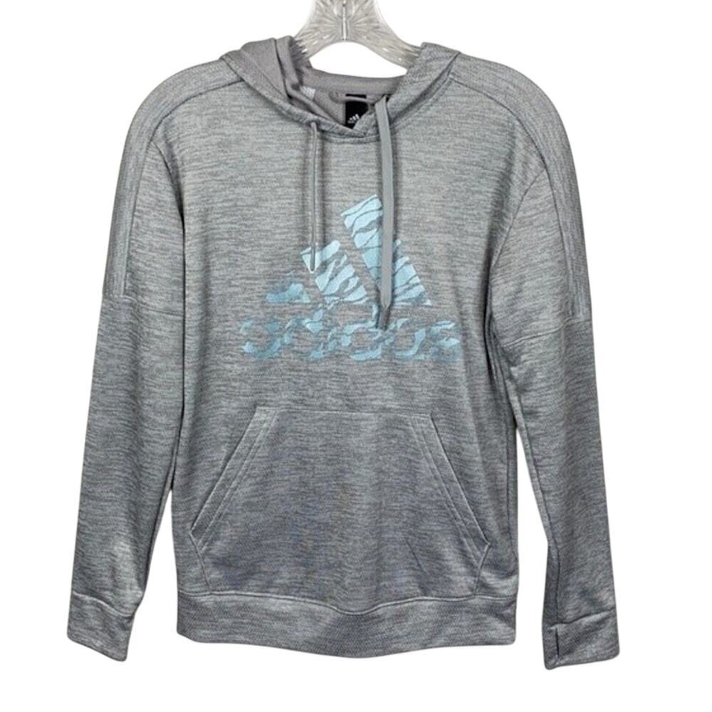 Adidas Gray Metallic Logo Pullover Hoodie XS Blue Pastel Athleisure Sweatshirt